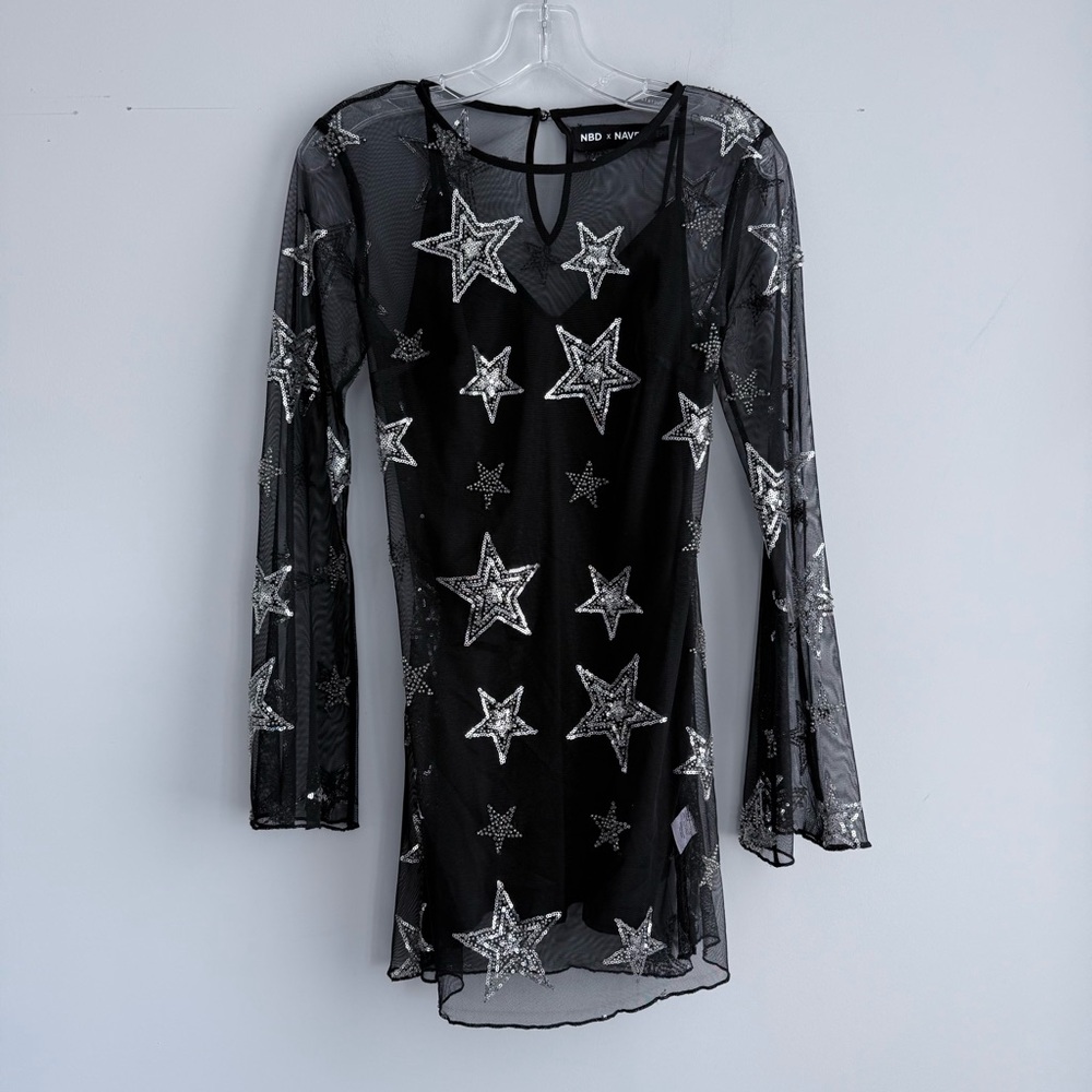 NBD x Naven Starry Night Dress in Black XXS Star Sequins Embellished Sheer Mesh - Picture 3 of 16